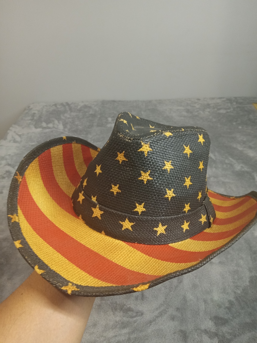 Star & Stripe Cowboy Hat - Black with Gold Stars and Red/Yellow Stripes